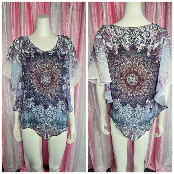 Westport Tops - Westport 1962 Blue 2 Layer Mandela  Rhinestone Blouse Size Medium